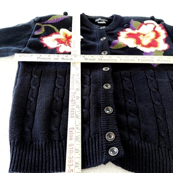 Vintage Cardigan Sweater Floral Bobbled Cable Knit Shoulder Pads Navy Cotton Y2K - Picture 14 of 16